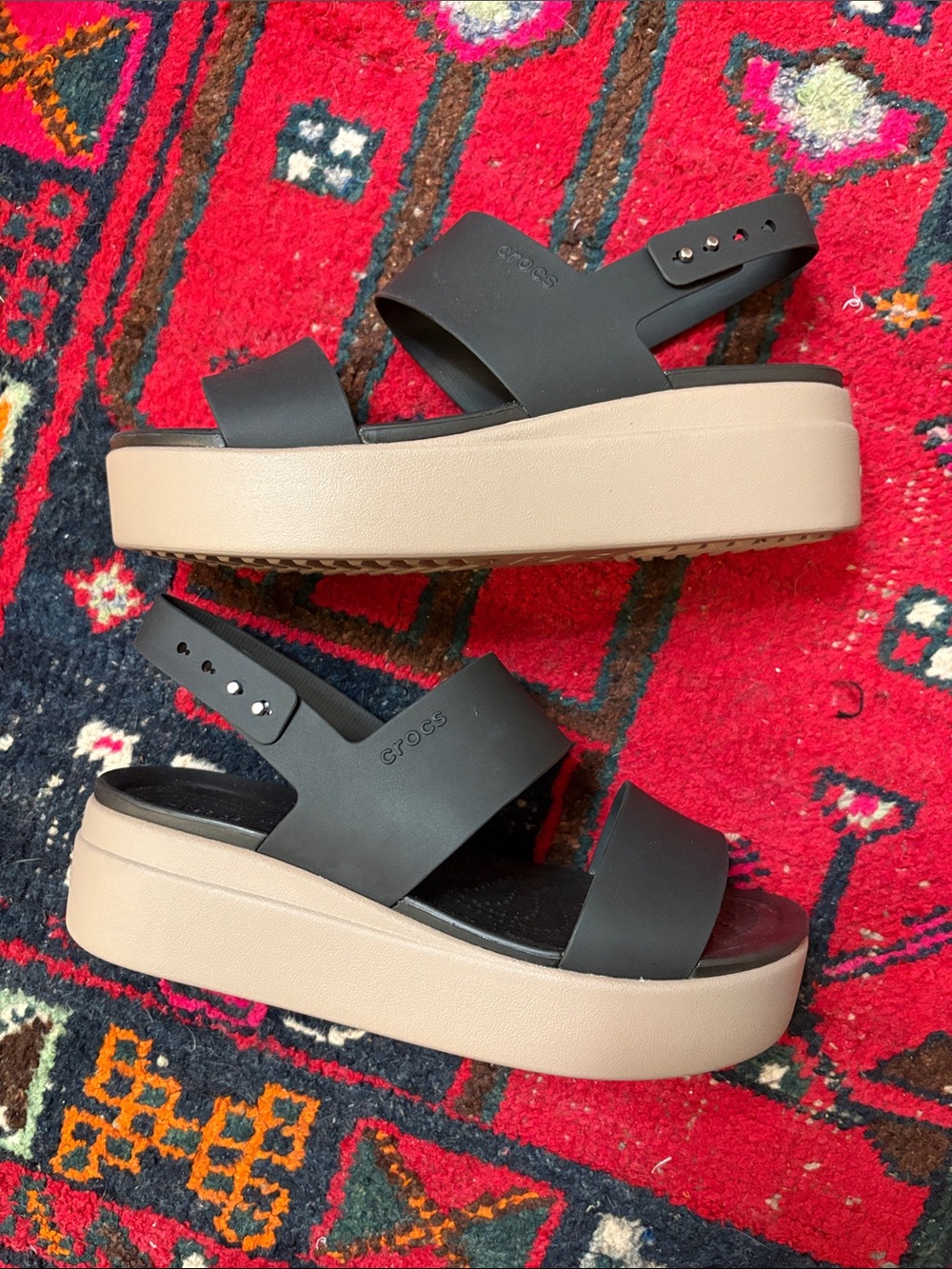 CROCS Black and Beige Platform Sandals